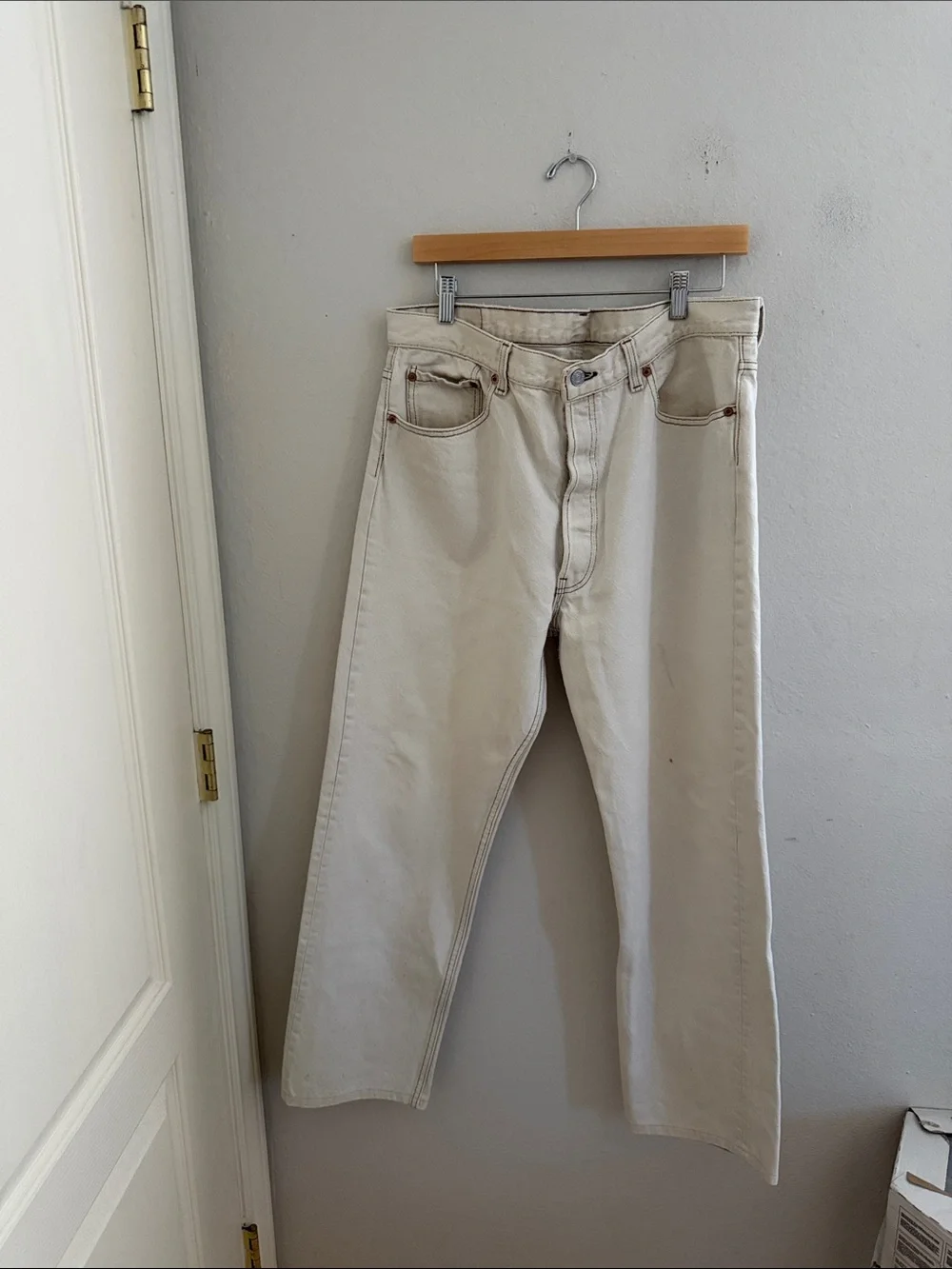 Vintage white bleached 1993 501s tag size 38x32 but hemmed to 29”